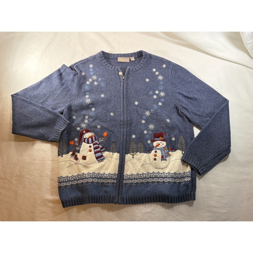 Croft & Barrow Womens Blue Snowman Full Zip Sweater Cardigan Large Holiday L
